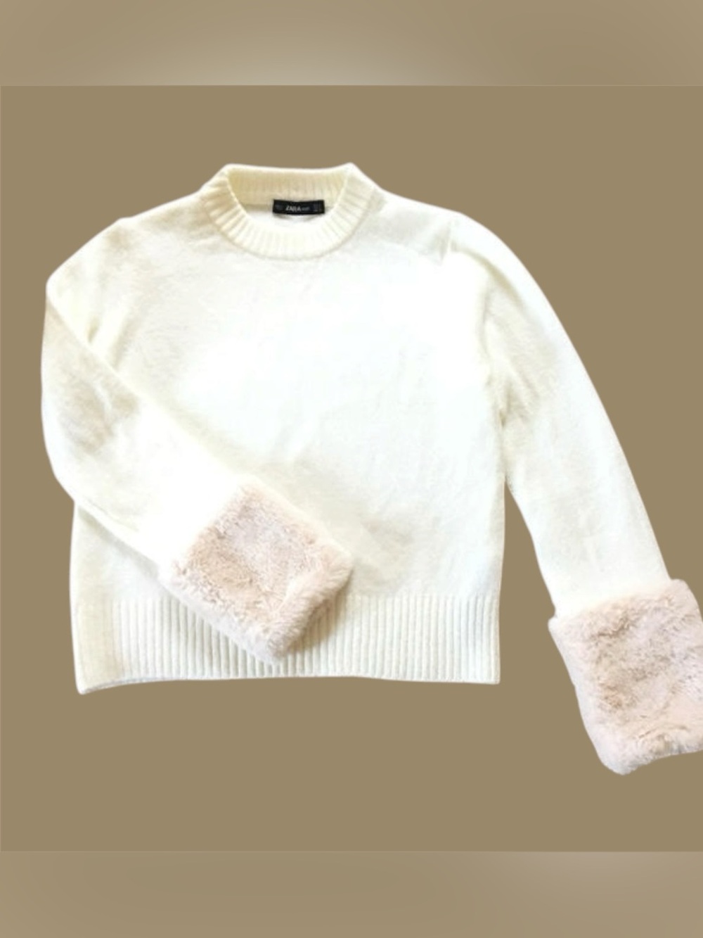 Zara Cream Crewneck Sweater with Faux-Fur Cuffs